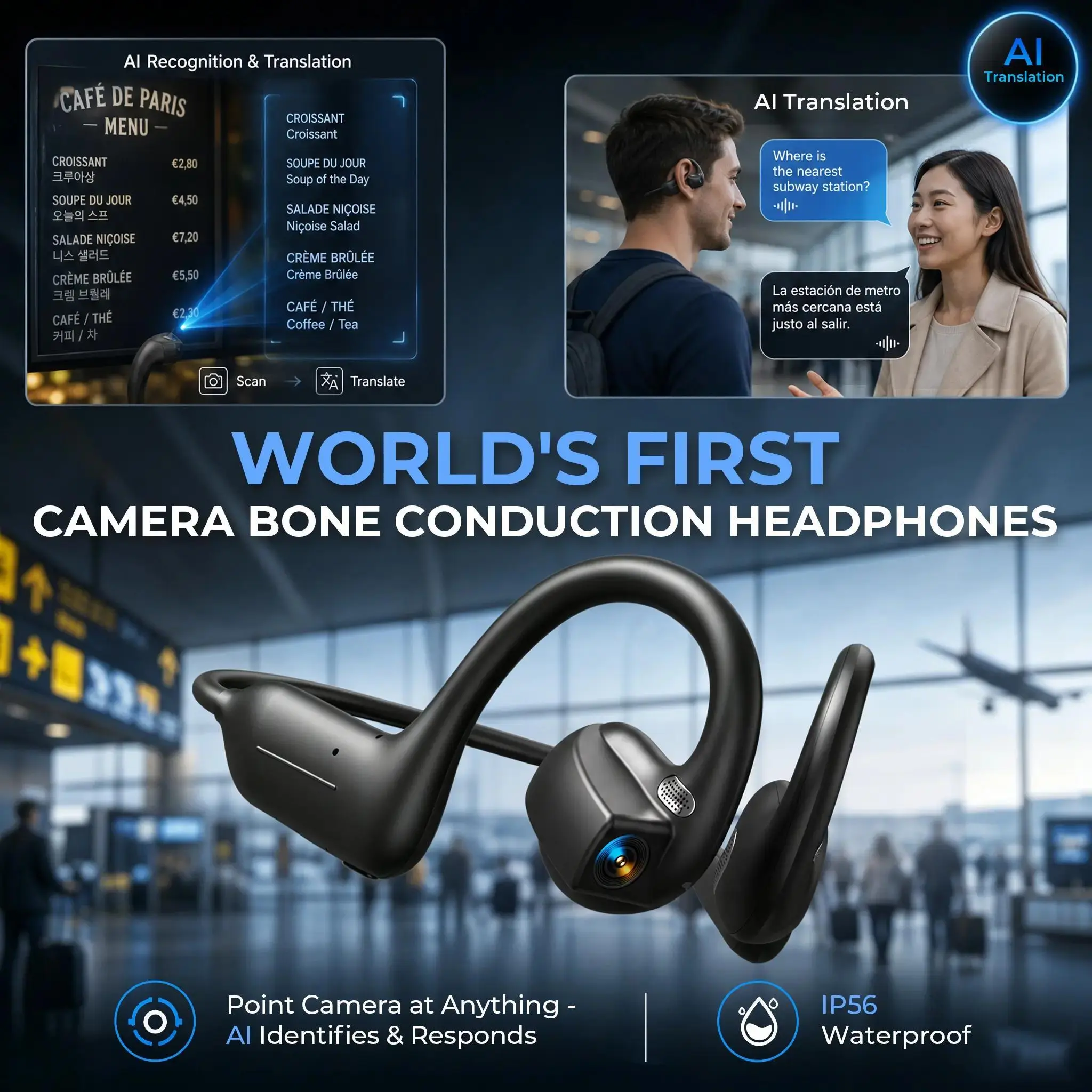 E12 Wearable Bone Conduction Bluetooth Headphones – 8MP EIS Stabilized Video Camera, 160+ Languages Real-Time Translation, Dual Touch & Button Operation, IP54 Water Resistant Open Ear Earphones for Outdoor Cycling, Sports Vlogging, Travel & Daily Calls Au