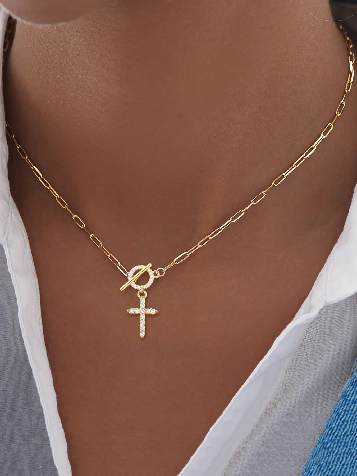 Women's Cross Necklaces Pendant Necklace, Accessory Necklace, Classic Simple Gold Silver Color OT Buckle Stainless Steel Chain Cross Chain Design, Casual Style All Seasons Jewelry