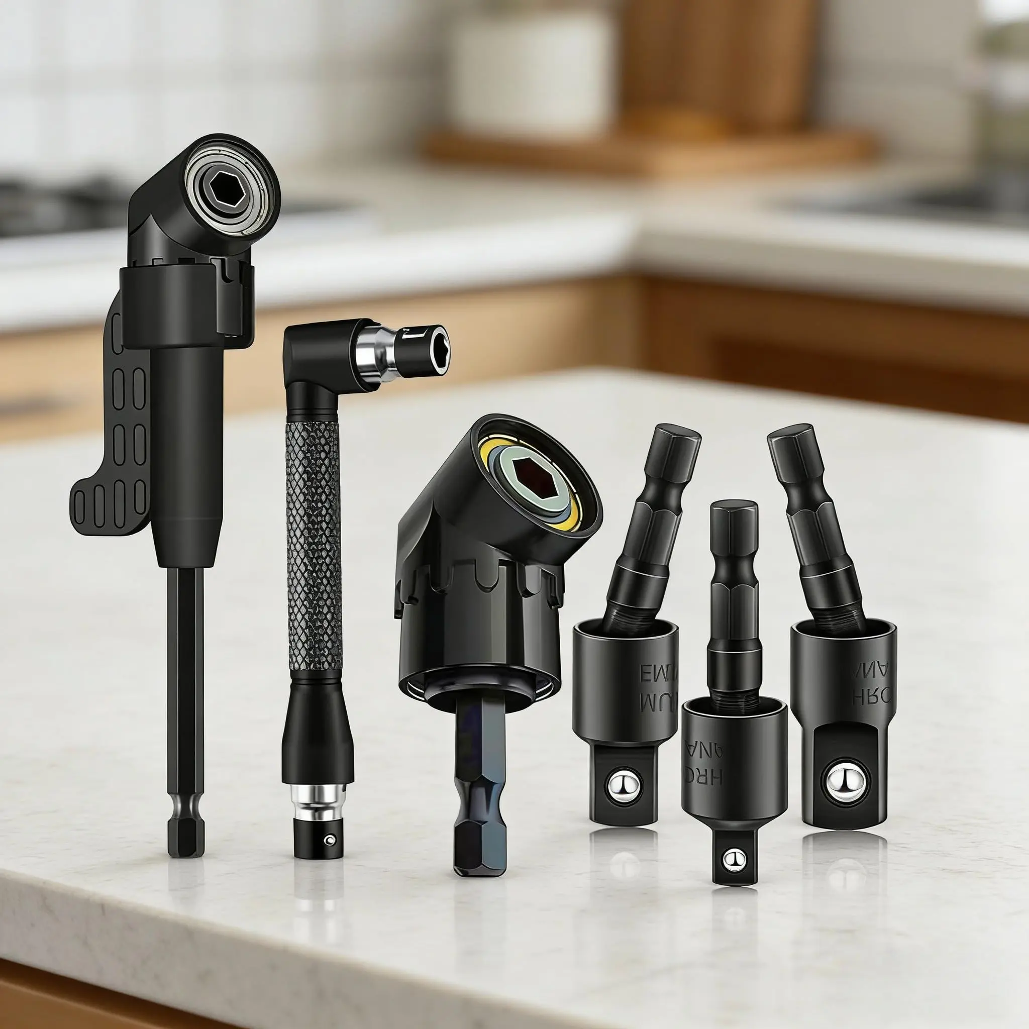 Drill Bit Extension Set with a 105° Angle Screwdriver bit, Right Angle Drill Adaptor, and 360° rotatable Socket adapters for 1/4", 3/8", and 1/2" Sizes