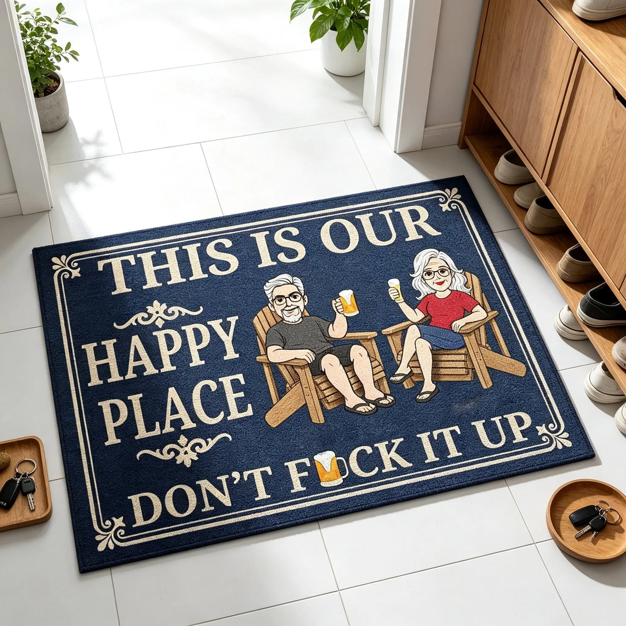 Funny "This Is Our Happy Place" Doormat, Vintage Couple Design Welcome Mat, Non Slip Flannel Front Door Mat with Rubber Backing, Humorous Novelty Entryway Rug for Home Cabin Housewarming Gift