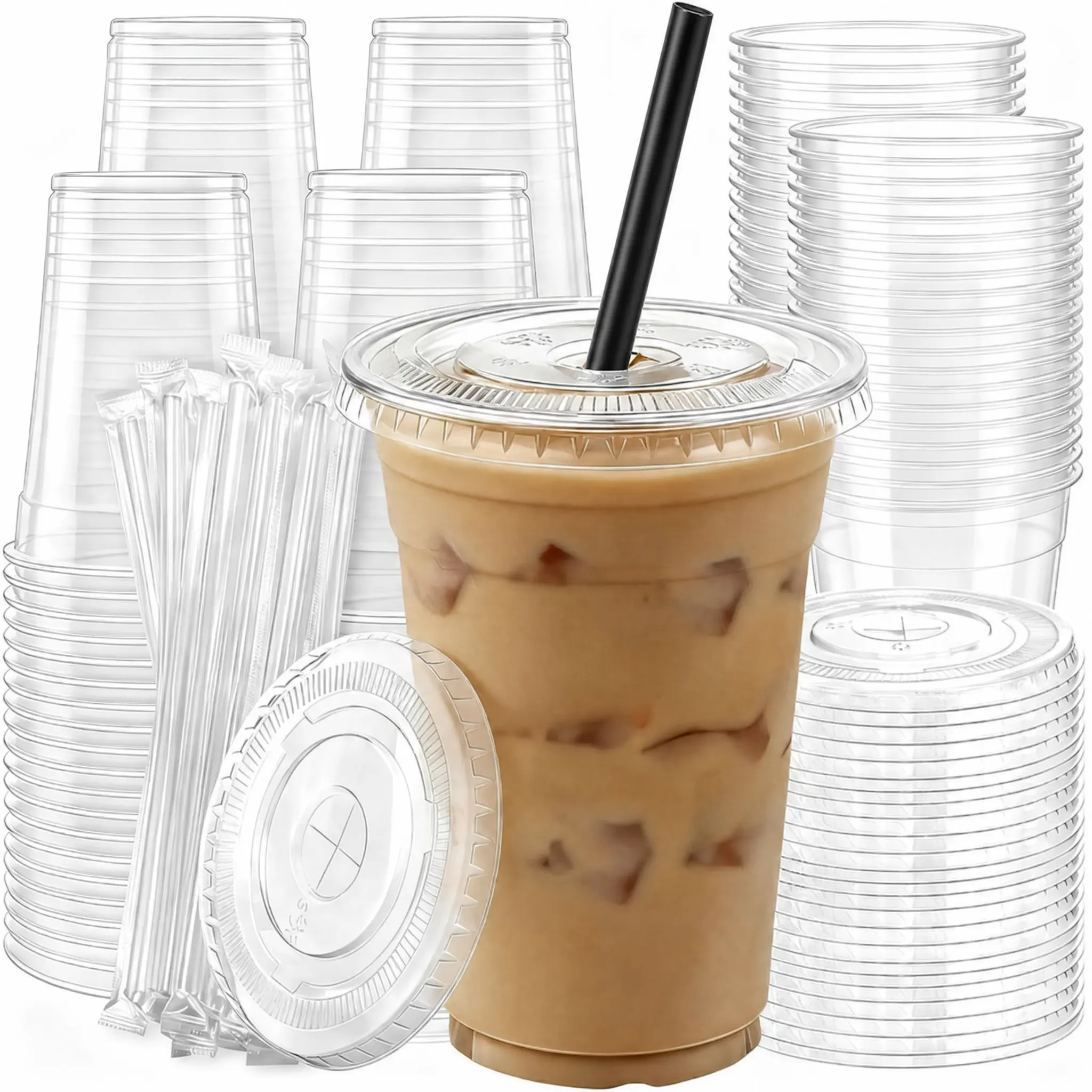 20pcs Thick 16oz Disposable Heavy-Duty Clear Plastic Cup Set, To-Go Cups with Leak-Resistant Lids and Straws, Ideal for Cold Drinks, Iced Coffee Parties (Home & Festive Disposable Tableware)
