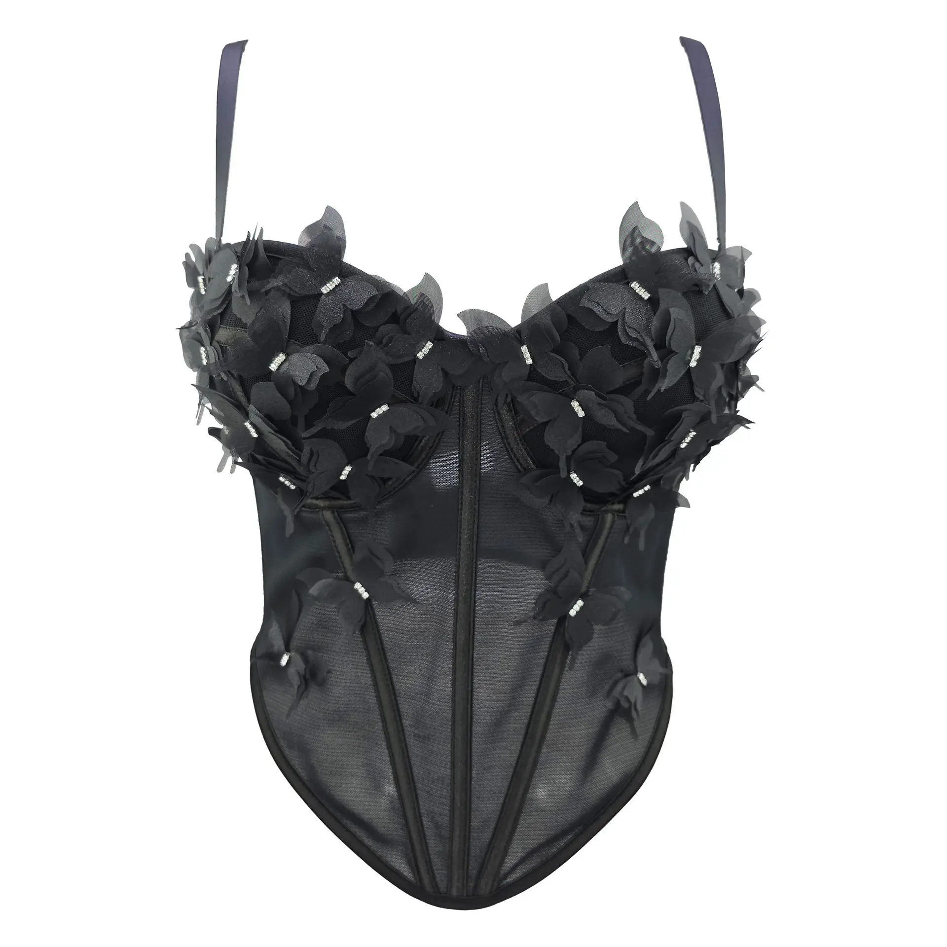 Women's Rhinestone Butterfly Corset Halter Top - Semi-Sheer Mesh Sleeveless Fish Bone Boning Bustier, Women's Clothes for Club Parties, Tanks & Camis