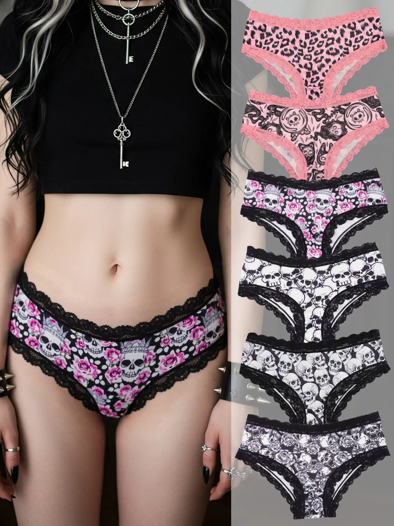 Morvia 6Pcs Alt Girl Gothic Underwear Set, Dark Aesthetic Lace Panties, Y2K Spooky Print Seamless Knickers, Sexy Fitted Soft Lingerie, Breathable Crotch, Punk Grunge Style Intimates, All Season Comfort Daily Wear