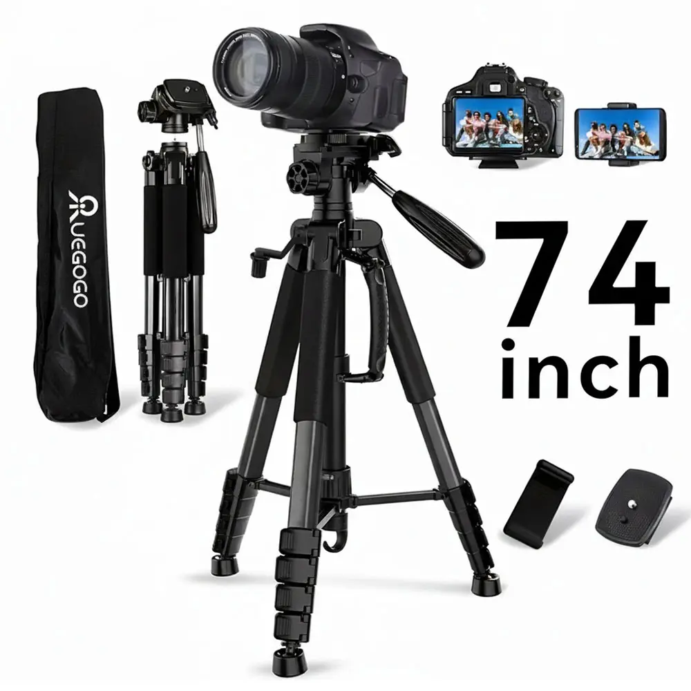 Heavy Duty 74 Inch Camera and Cell Phone Tripod, Premium Aluminum Alloy Construction Panoramic Head Tripod, 8.8LB Bearing Capacity Portable Tripod with Carry Bag for Outdoor Photography, Vlogging and Travel Shooting#SummerWins#BackToSchoolDeal