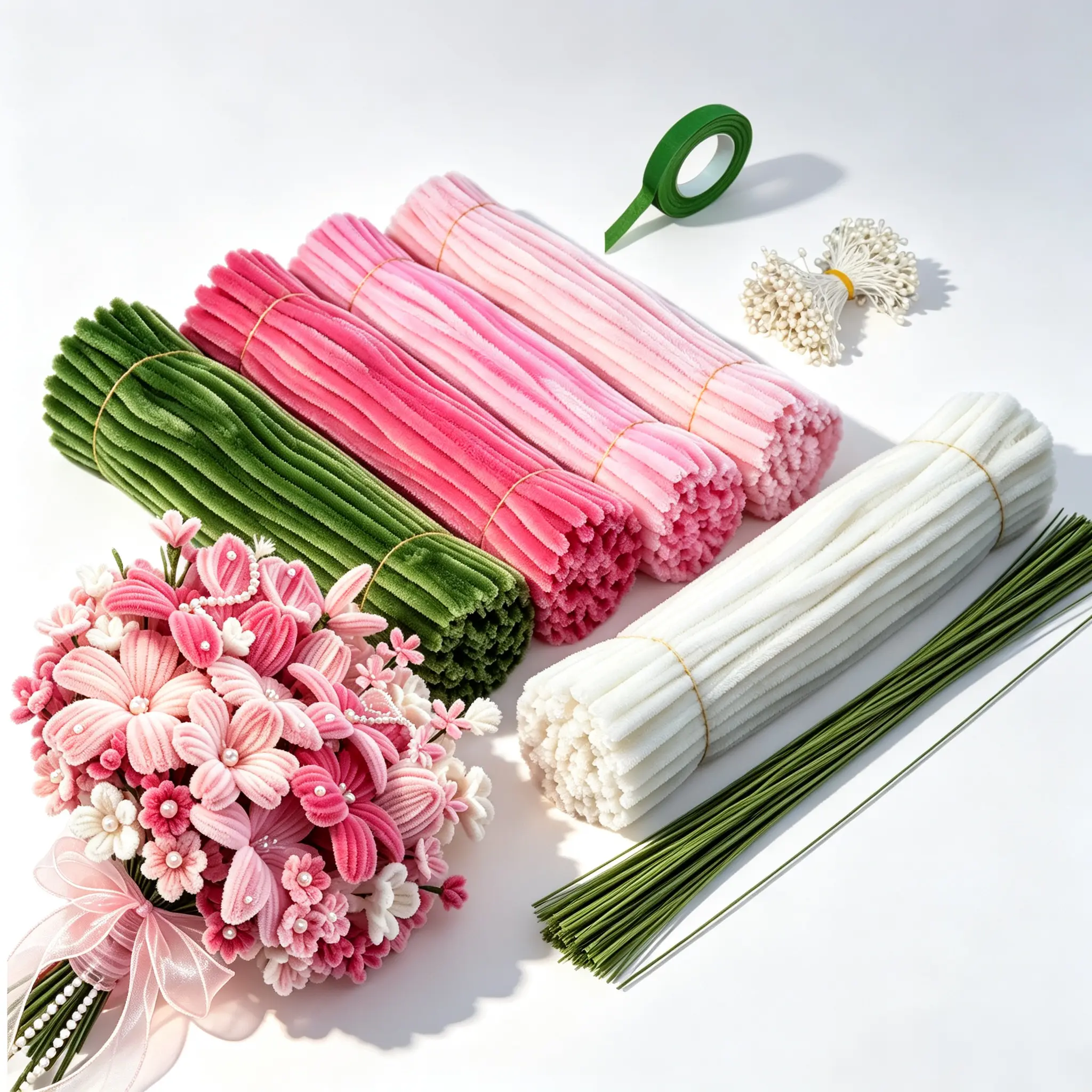 591pcs pipe cleaners kit ,diy flower decor kit,chenille flowers stamen ,bright pink color,thick pipe cleaner,plush DIY pipe cleaner craft pack, school project