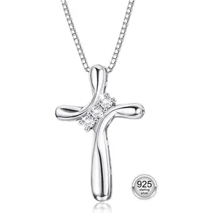 S925 Sterling Silver Cross Necklace for Women | Dainty 3-Stone Cubic Zirconia Pendant | 18" Box Chain | Hypoallergenic Religious Jewelry for Sun-Kissed Summer Days & Gifting