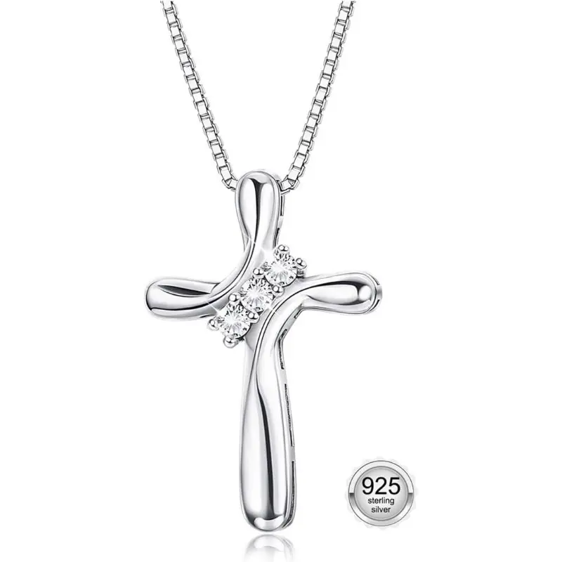 FUNRUN S925 Sterling Silver Cross Necklace for Women | Dainty 3-Stone Cubic Zirconia Pendant | 18" Box Chain | Hypoallergenic Religious Jewelry for Sun-Kissed Summer Days & Gifting
