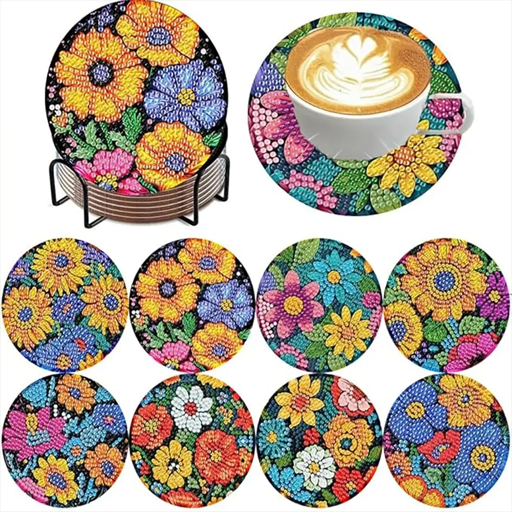8 pieces/set of diamond painted coaster set, flower series patterned coaster (with holder) - DIY diamond art craft kit for home decoration, beginner, diamond craft supplies, artificial diamond art craft supplies gift Diamond Painting Coasters
