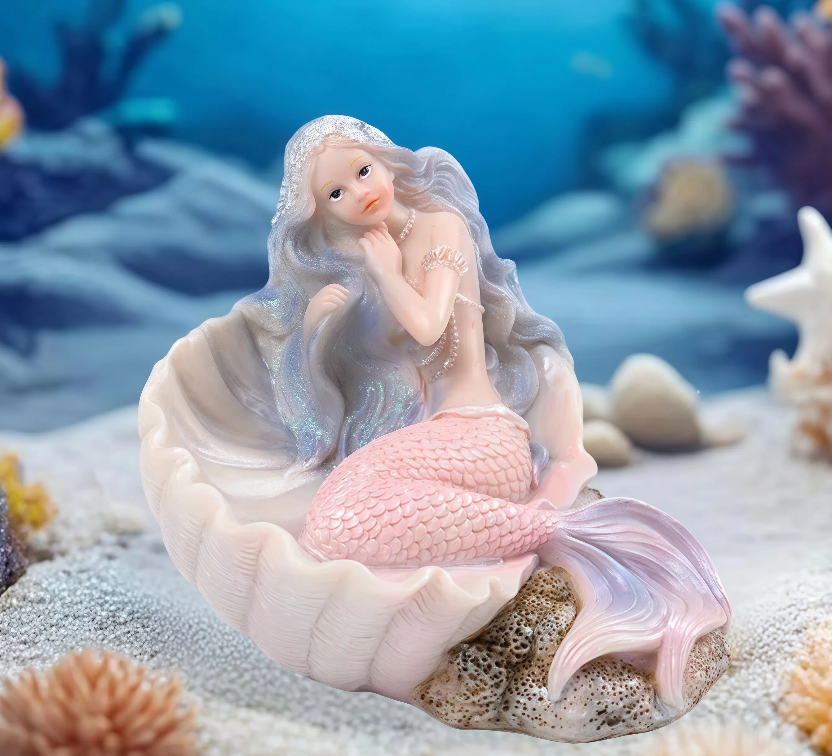 Handmade Resin Mermaid Sculpture Anime Style Ocean Theme with Glittering Scales Pearlescent Shell Base Indoor Outdoor Desktop Decoration for Home Office Interior Ornaments Pink Decorative Gift