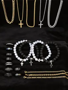 21pcs Men's Western Jewelry Set, Casual Cross Ring, Beaded Elastic Bracelet, Stainless Steel Pendant Necklace, Ideal Gift for Father's Day, Trendy Jewelry Set