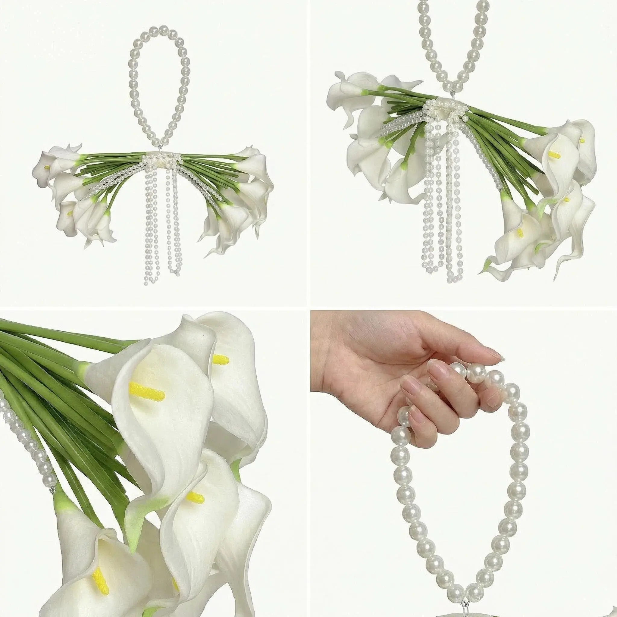 【Summer Deal】Silvanest 20pcs White Calla Lilies Pearl Cascade Bridal Bouquet with String of Pearls Arch Handle, Lightweight Bride Bouquet for Wedding Ceremony, Bridesmaid Decor