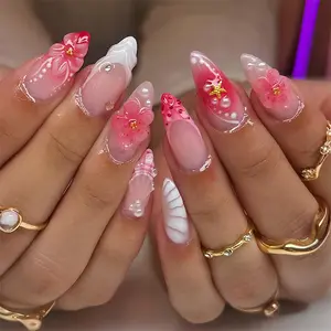 30pcs Almond Shape Nail Tips with 3D Floral Design, Ombre Finish and Star Accents, Includes Jelly Adhesive and File, Medium Length and Glossy Finish