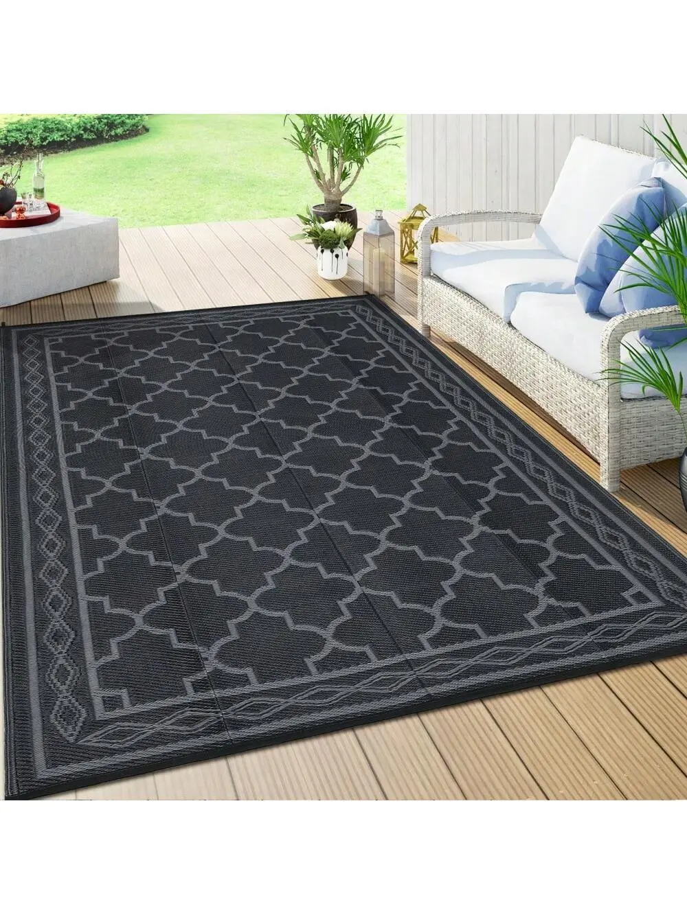 【Christmas Gift】Black gray-9*12 feet  Waterproof Outdoor Area Rug Modern Plastic Straw Camping Stain Resistant Carpet Geometric Reversible Floor Mat UV-Resistant Light Weight Portable  Indoor Outdoor Area Rug For Backyard Deck Picnic Porch Beach RV