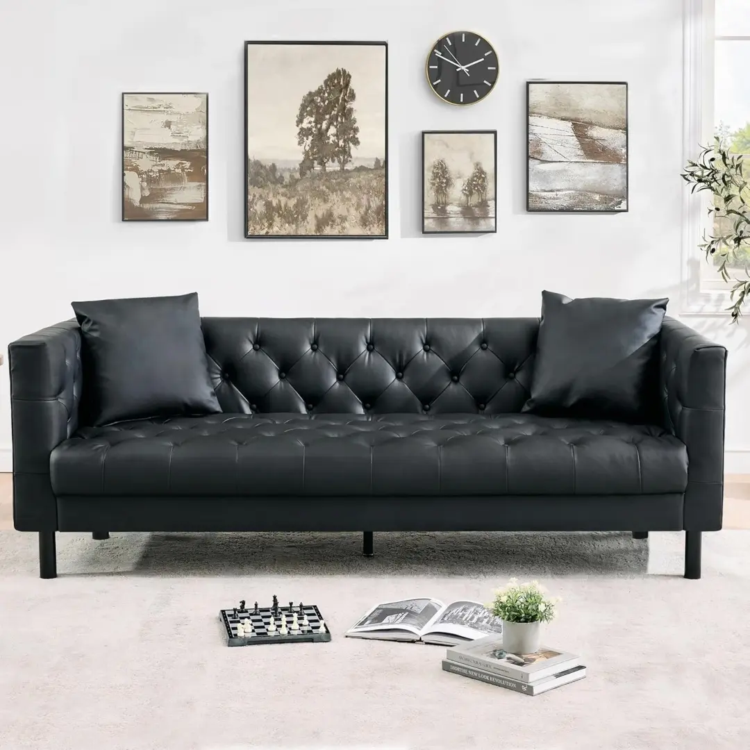 3-Seater Black Mid-Century Modern PU Leather Chesterfield Sofa, Button-Tufted, Deep Seats, Includes 2 Pillows for Living Room, Office, Three-Seater