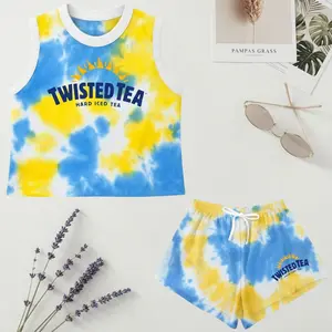 Twisted Tea Women’s Crop Top and Sport Shorts Set, Blue Yellow Tie Dye Summer Lounge Activewear, Gift for Her