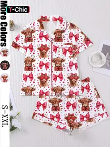 Women's Sleepwear Set, Pajama Set, Nightwear Lounge Set, Pjs, Short Sleeve Button-Up Top & Elastic Shorts, Soft Fitted Design, All-Season Comfortable Homewear, Lady Loungewear, Heart