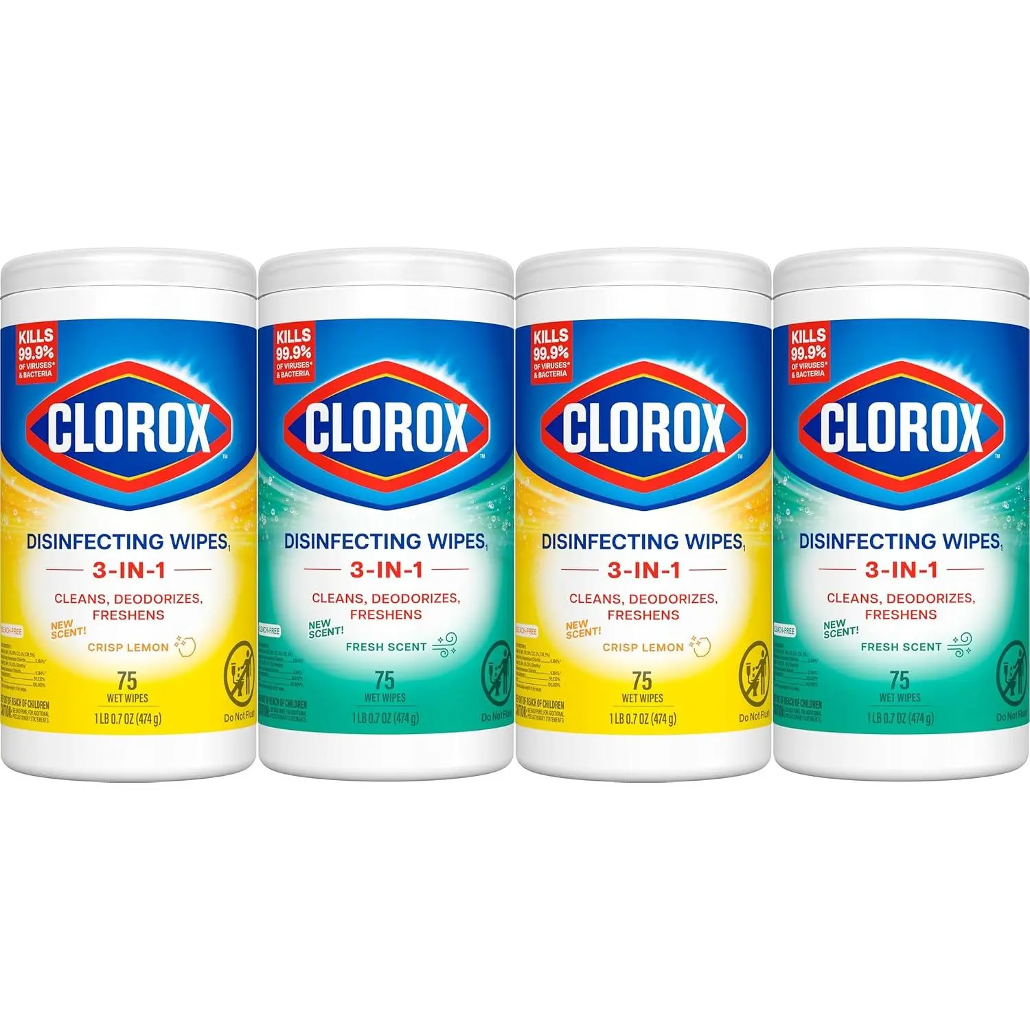 Clorox Disinfecting Cleaning Wipes, Bleach-Free Household & Kitchen Multi-Surface Wipes for Spring Cleaning & Allergy Season, Fresh Scent & Crisp Lemon, 75 Pcs Each, Pack of 4
