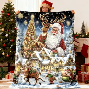 Luxury Christmas Town Panorama Blanket, Santa Reindeer Home Comfort Blanket, Immersive Christmas Scene Decorative Blanket, Flannel Throw Blanket, Limited Edition