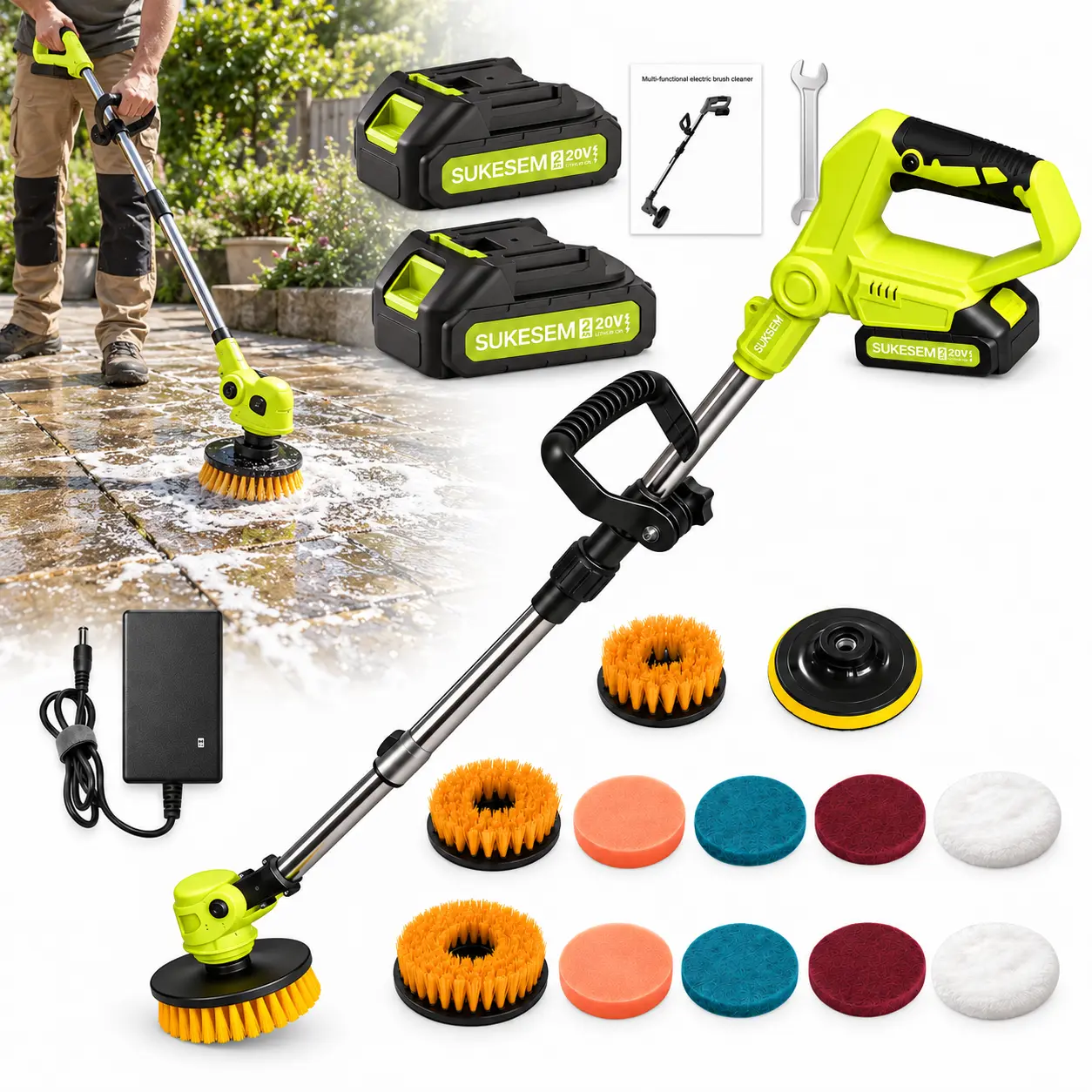 20V Cordless Handheld Spin Scrubber, 20V Power Plastic/Metal Multifunction Cleaning Tool with Extension Rod, Rechargeable Battery, Brush Heads & Pads for Floor, Bathroom Cleaning Tools,toolupgrade