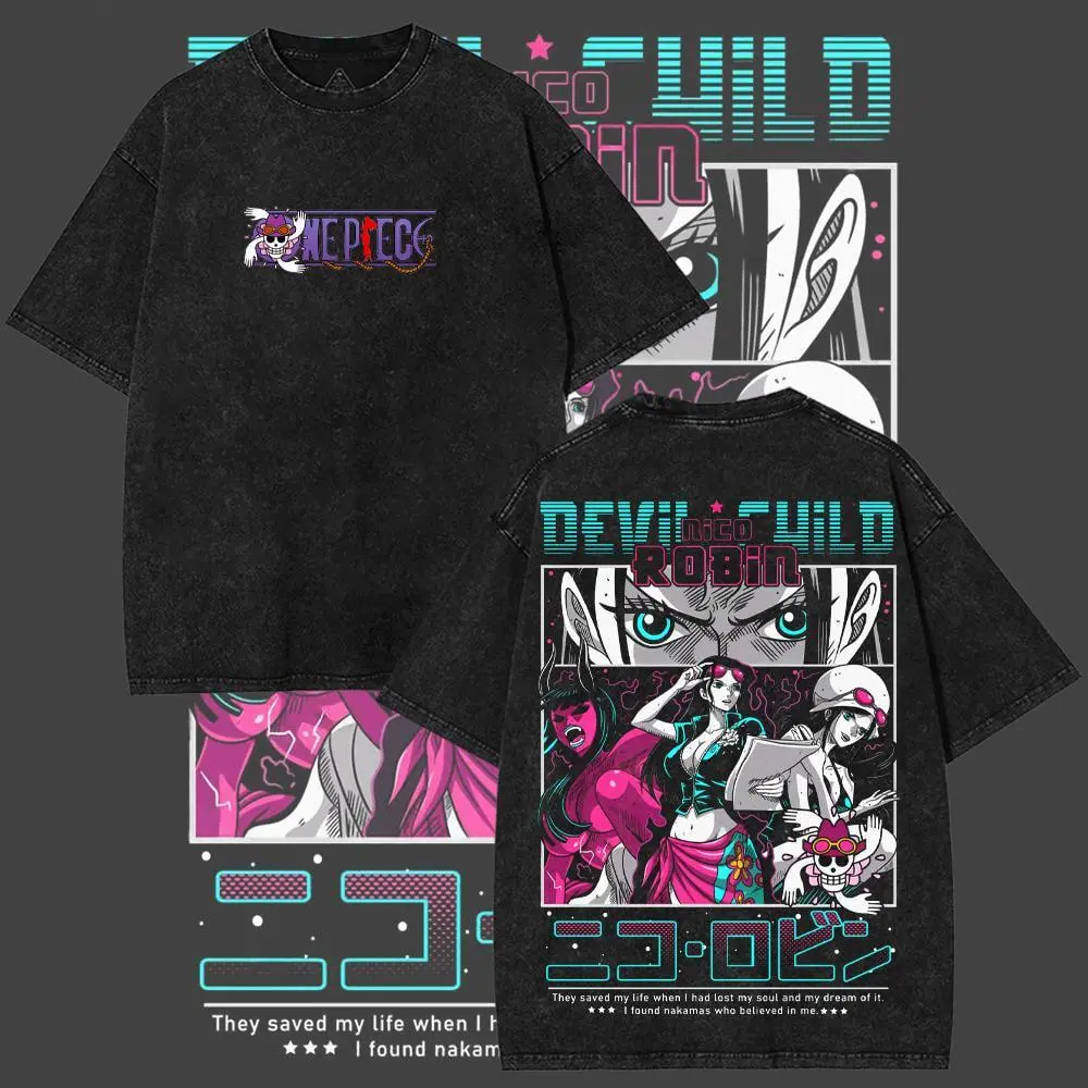 Retro Limited Nico Robin Devil Child One Piece Oversized y2k Vintage acid Washed Anime Graphic hot premium Tee for fans - Unisex Cotton Shortsleeve soft Casual T-Shirt - Heavyweight Crewneck Menswear, streetwear clothes