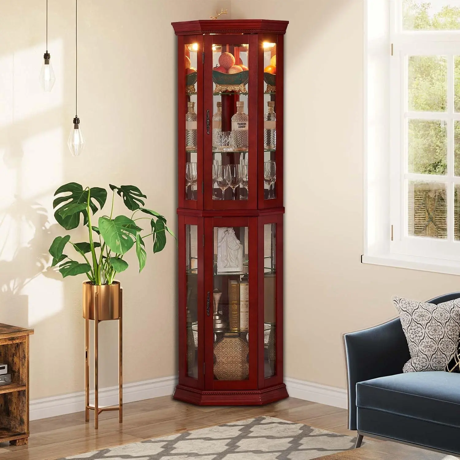 Vintage Chic 69.49 Inch Hight Freestanding Corner Storage Display Cabinet with Lighting System