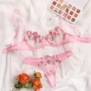 AgeRose Floral Embroidered Sheer Mesh Lingerie Set, Romantic Fairy Style 2-Piece Underwear Kit, Cute & Delicate Everyday Intimates for Women, Embroidery, Girly Feminine Items, Bra Sets, Women's Clothes