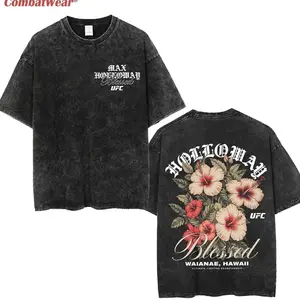 Menswear Max Holloway "Blessed" Hawaii Tropical Classic Round Neck Shortsleeve Acid Wash Oversized Seamless Cotton T-Shirt, UFC 318 BMF Vintage Apparel, Gift for UFC Fans