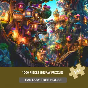 [Fantasy Tree House Puzzle] 1000pcs Fantasy Tree House Jigsaw Puzzle | Enchanted Forest Art for Adults & Collectors, Magical Adventure Home Wall Decor & Gift, Creative Puzzle, 70x50cm, Cardboard Material, Rectangular Shape, Puzzle Wall Deco