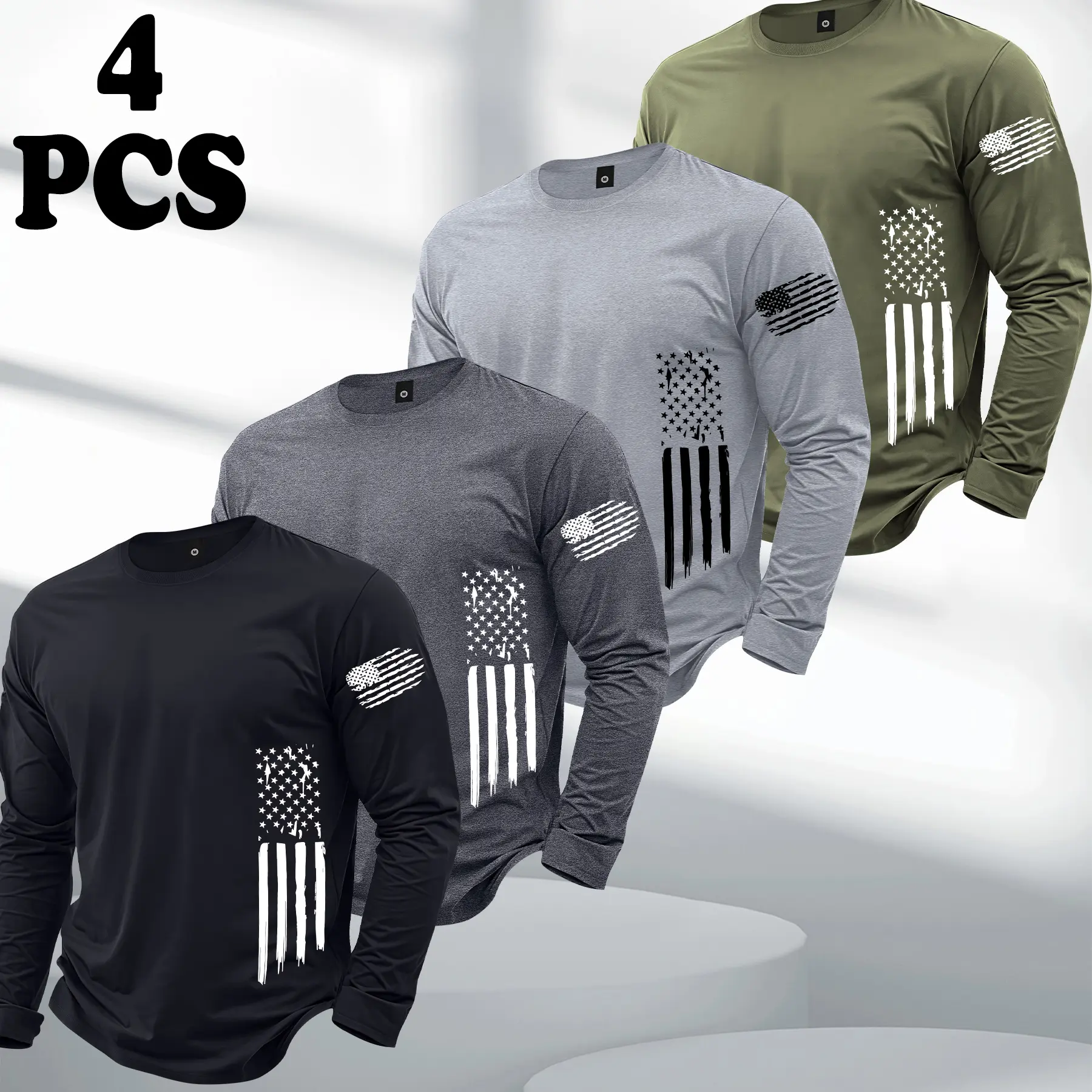 Men's 4-Pack 100% Polyester Long Sleeve Graphic T-Shirts - Sporty Street Look, USA Flag Print, All Season Casual Sportswear, Ideal Gift for Him