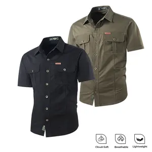 2 Pack Men's 100% Cotton Short Sleeve Cargo Shirts, Cloud-Soft Breathable Lightweight High Density Wind Resistant Durable Work Shirts with Chest Pockets, Loose Fit 3D Tailored Casual Tops for Hiking Fishing Camping Daily Wear