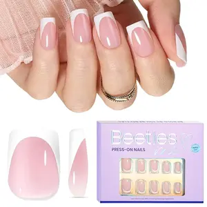 Beetles French Tip Press on Nails/Toe nail Tip：Pre-Designed Reusable Stick on False Nails with Glue Square/Almond/Coffin#Summervibes