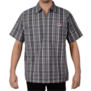 Ben Davis Men's Checked Short-Sleeve Collared Half-Zip Medium-Length Shirt - 2 Chest Pockets, Zipper Closure, Breathable Cotton-Polyester Fabric, Casual Regular Fit Menswear Top