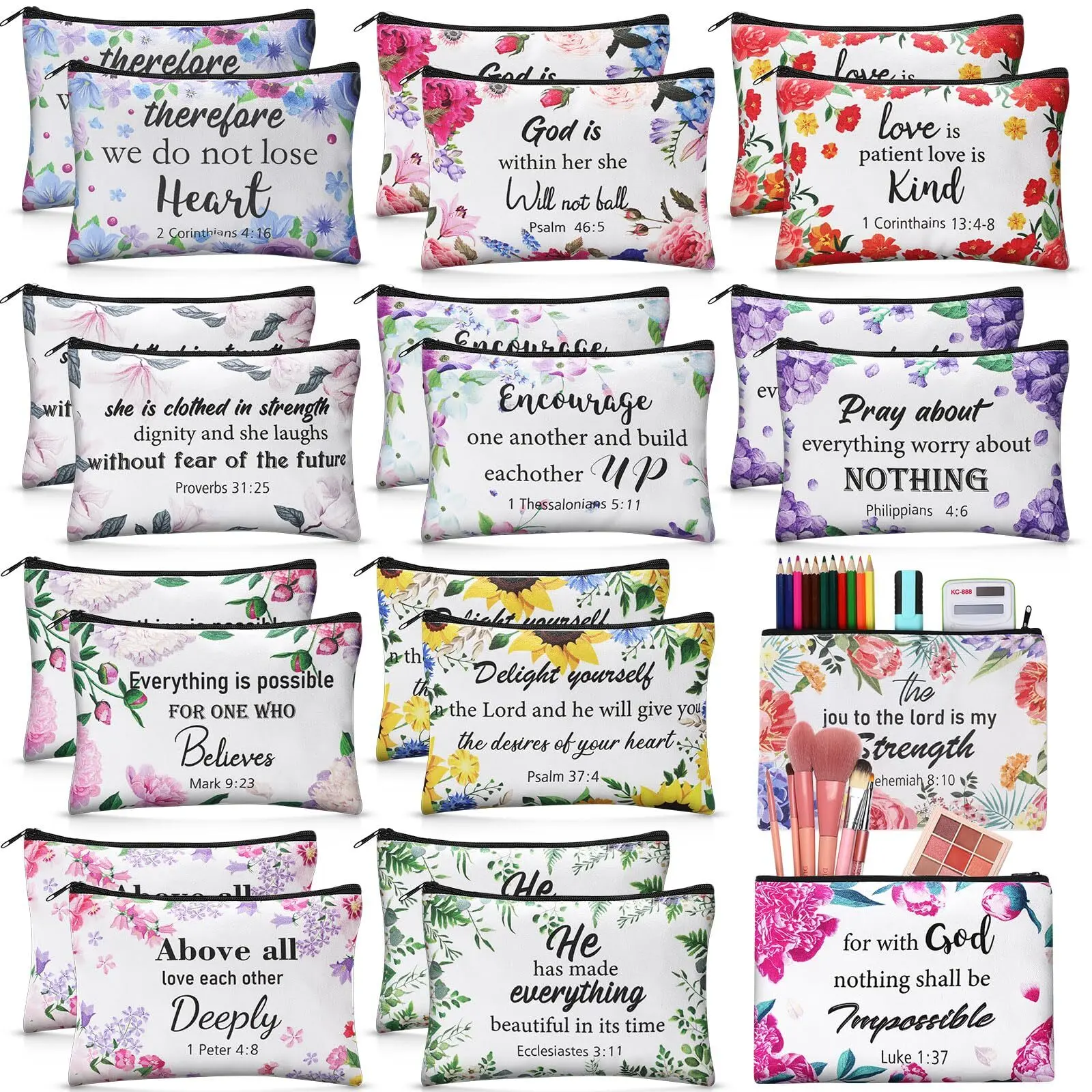 Qeeenar 24 Pcs Christian Makeup Bag Bible Cosmetic Bags Inspirational Bible Verse Toiletry Pouches Canvas Motivational Bag with Zipper for women Organize Cosmetics Toiletries Stationery(Floral)