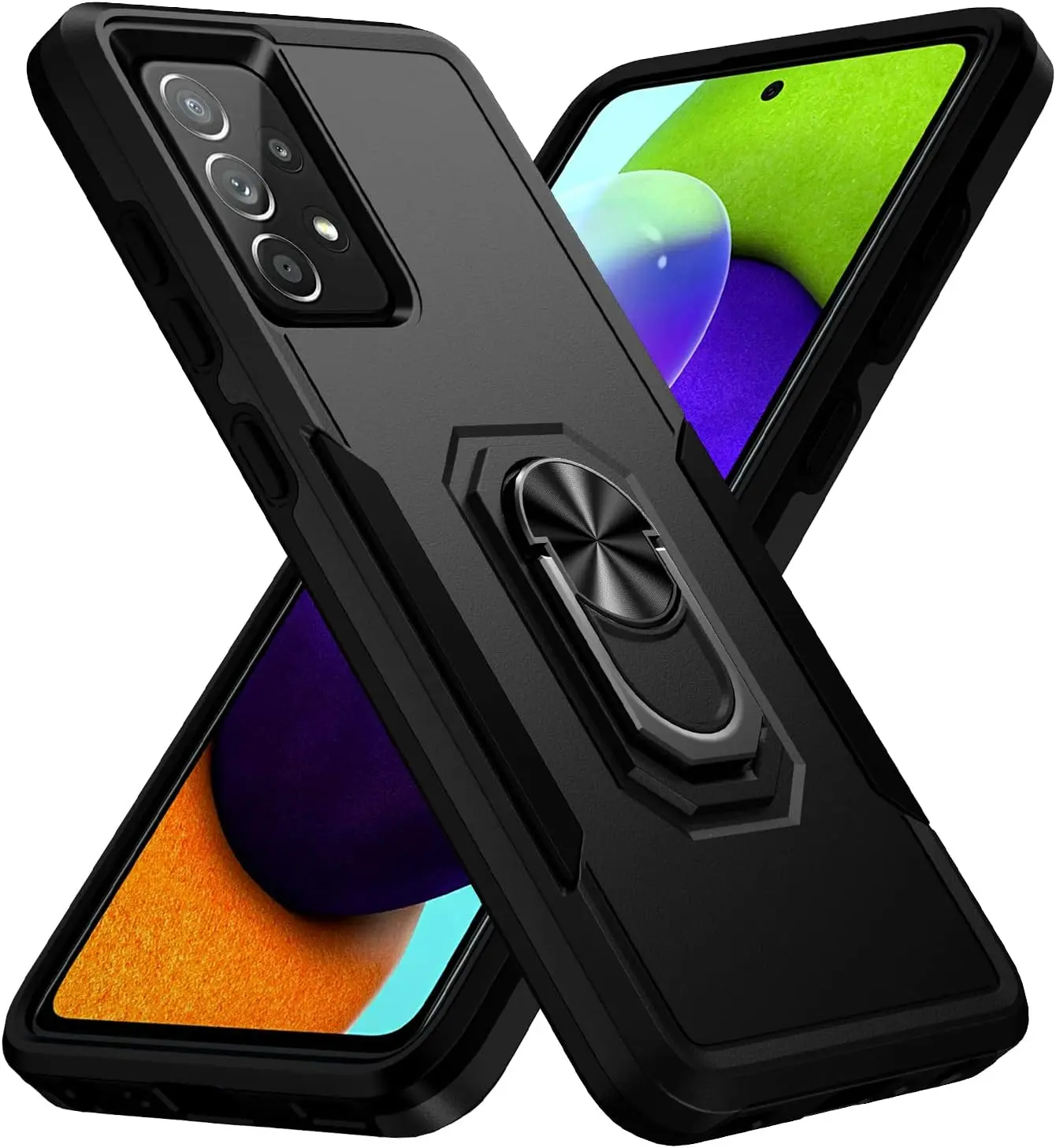 Heavy-Duty Shockproof Full-Body Case with Built-In Finger Ring Holder Kickstand & Screen Protector for Samsung Galaxy A03s (SM-A037U/T) - Durable Casing Phone Accessory for Enhanced Protection