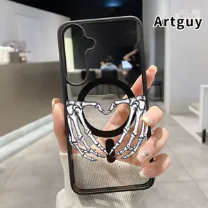 Magnetic Phone Case Supports Wireless Charging Compatible with Samsung Galaxy S23 Ultra S24 Plus S26 S25 S22+ FE Skeletal Heart Gesture Pattern Non-Yellowing Shockproof Soft Silicone Transparent Acrylic Cover.