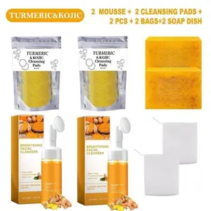 Family Bundle >>2PCS Lemon Turmeric Kojic Acid Soap Bars + 2 Turmeric Mousse Cleansers +2 CLEANSING PADS+ 2 soap dish – Natural Lemon, Turmeric & Kojic Acid Soap for Face & Body, Gentle Cleansing for All Skin Types, Ideal for Daily Use Perfect New Year's