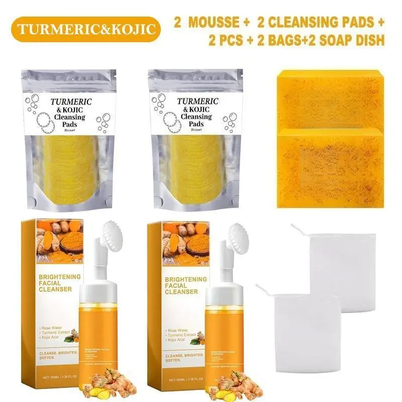 Family Bundle >>2PCS Lemon Turmeric Kojic Acid Soap Bars + 2 Turmeric Mousse Cleansers +2 CLEANSING PADS+ 2 soap dish – Natural Lemon,  Soap for Face & Body, Gentle Cleansing for All Skin Types, Ideal for Daily Use Perfect New Year's