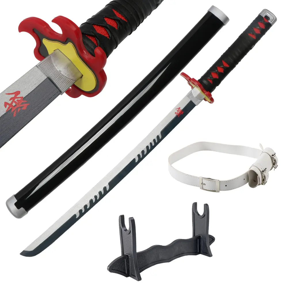 31-in Tanjirou Kagura Cosplay Sword - Bamboo Wooden Demon Slayer Safety Blade with Belt, Holder, Stand Display for Anime Fans Halloween Role Playing, Cosplay Collection Gifts, Cosplay Props