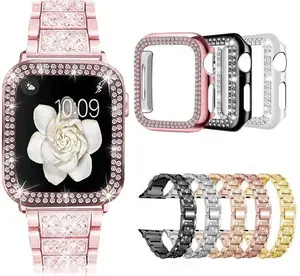 Diamonds Metal Women Watch Band with Diamonds Protection Case for Apple Watch All Size Series 1-11 38mm 40mm 41mm 42mm 44mm 45mm 46mm Ultra 49mm