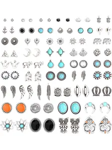 46 Pairs Vintage Multiple Assorted Boho Stud Earrings for Women Simple Geometric Stud Earrings Set Round Turquoise Earrings for Men Stainless Steel CZ Elephant Moon Feather Earring Stacking Set