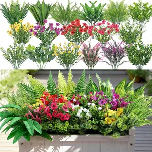 24 Pcs Artificial Flowers & Plants, UV Resistant, Fade-Proof Plastic Greenery for Home, Garden, Porch, Indoor/Outdoor