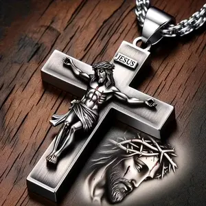 Men's Religious Necklace - Heavy-Duty Jesus Crucifix Pendant with Crown of Thorns, Christian Jewelry Gift for Christmas, Easter, Birthday - Chain for Everyday & Formal Wear, Religious Jewelry, Vintage Style, Durable Cross