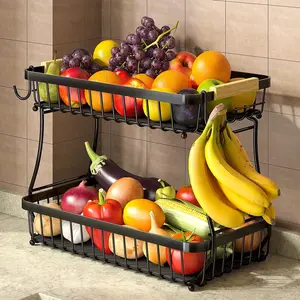 [New Deal] 2-Tier Rectangular Iron Wire Fruit Basket for Kitchen Counter, Modern Detachable Organiser with 2 Banana Hangers & Compartments, 2025 Pro Degradable Black Metal Food Storage Bowl