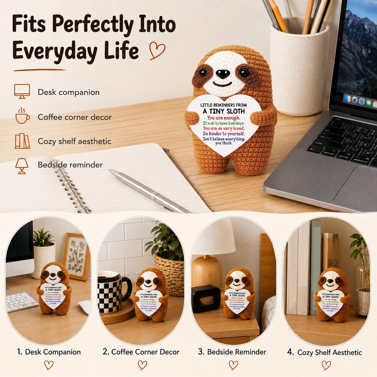 Crochet Sloth Desk Decor Gift with Encouragement Card – Funny Office Desk Gift for Coworkers & Friends | Tiny Sloth Gift, Fun Desk Decor