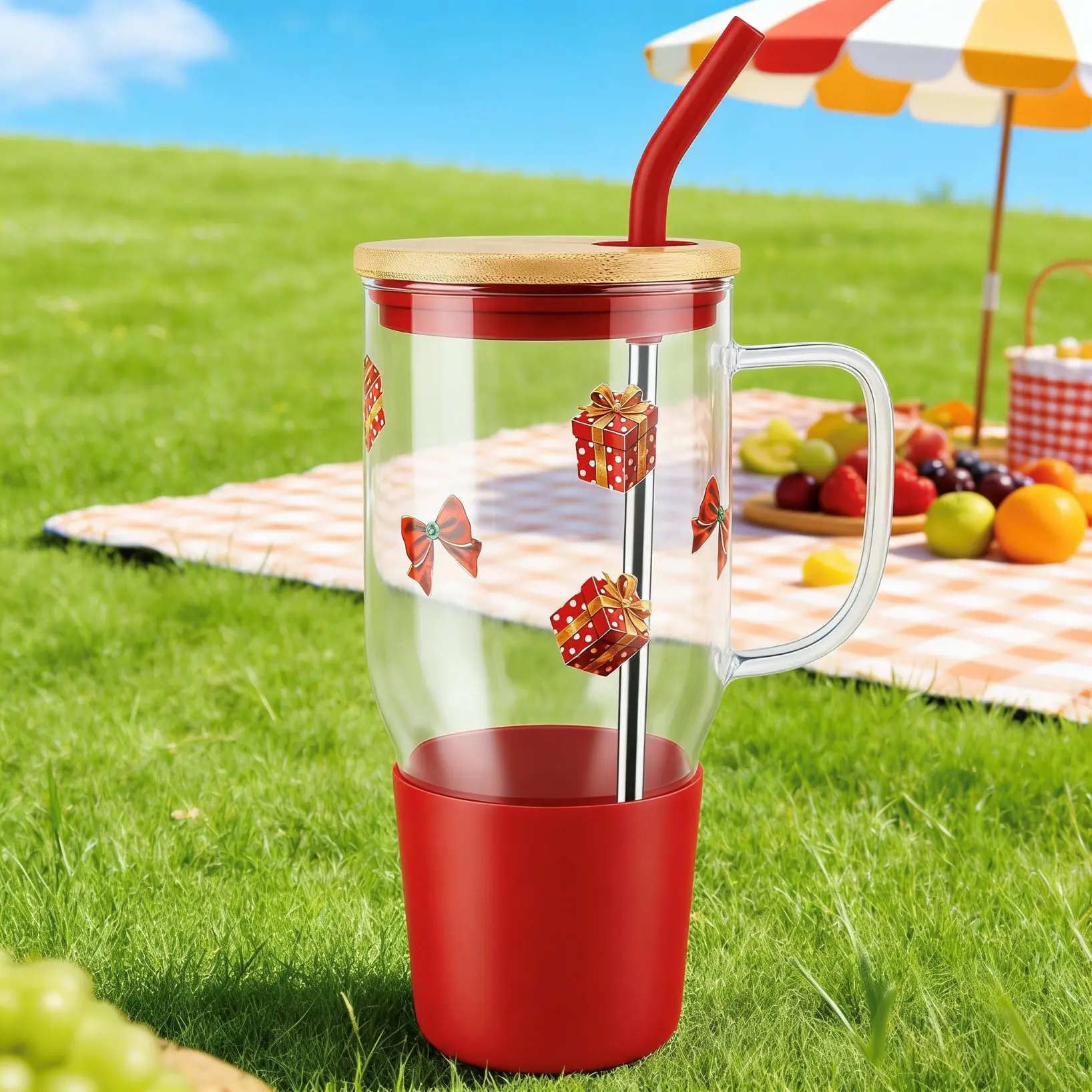 40oz Large Glass Tumbler with Handle, Lid and Straw, Summer Aesthetic Reusable Drink Cup for Women, Portable Beverage Mug for Iced Coffee, Tea, Beach and Daily Use