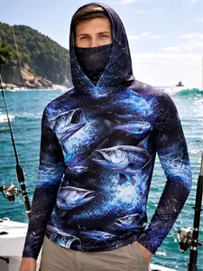 Men's Long Sleeve Hooded Fishing Jacket with Face Mask, Gradient Color Outdoor Fishing Clothing, Sun Protection Jumper