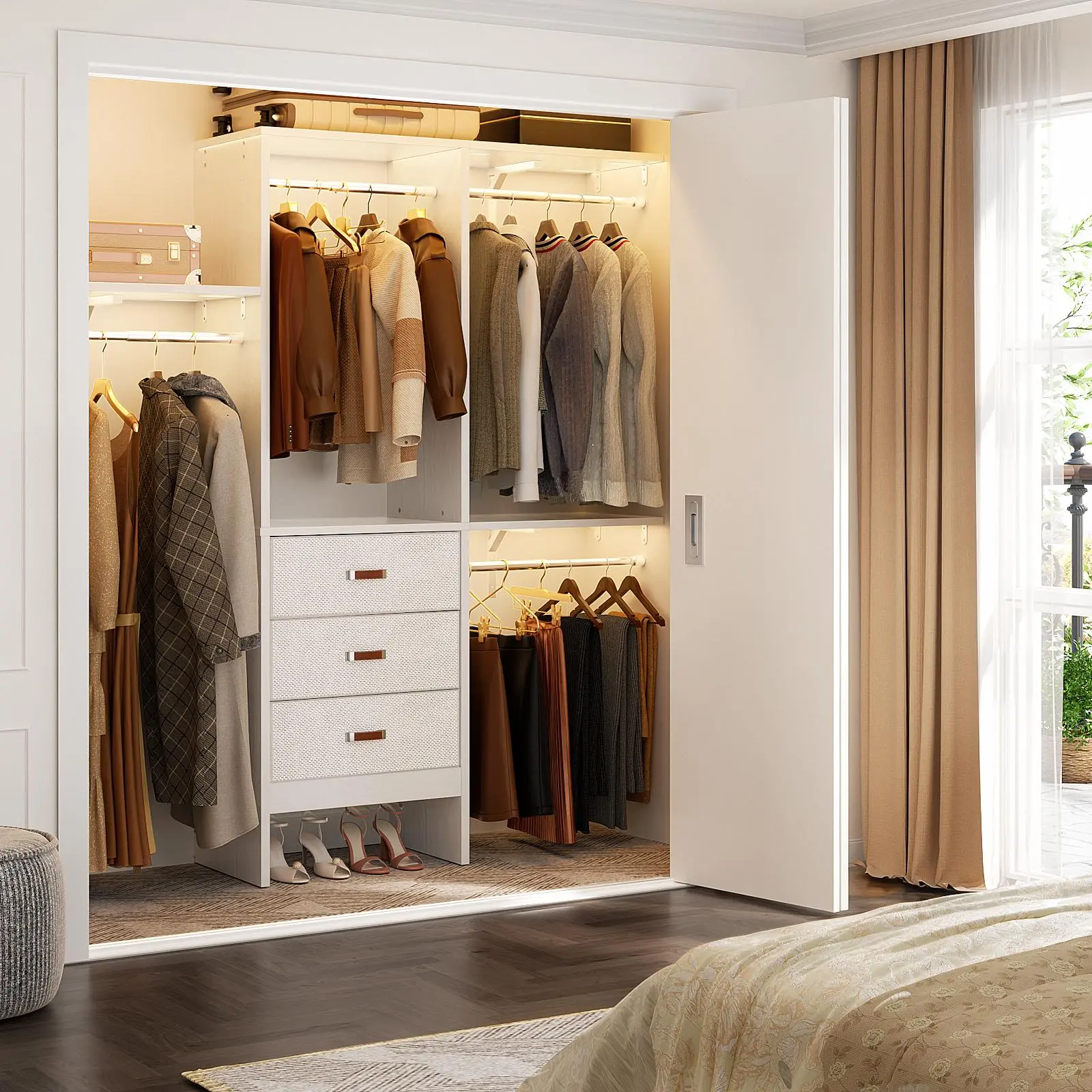 5FT Small Closet System with 3 Fabric Drawers, 60'' Walk In Closet Organizer System With 3 Adjustable Shelves, Heavy Duty Clothes Rack Built-In Garment Rack, 59" L x 16" W x 71"H, White