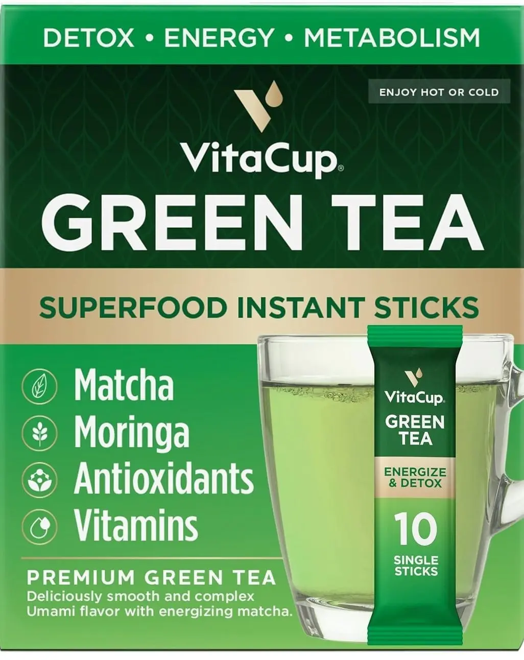 VitaCup Green Tea Instant Packets, Enhance Energy & Detox with Matcha, Moringa, B Vitamins, D3, Fiber, Keto, Paleo, Vegan in Tea Powder Single Serving Sticks, 10 Ct