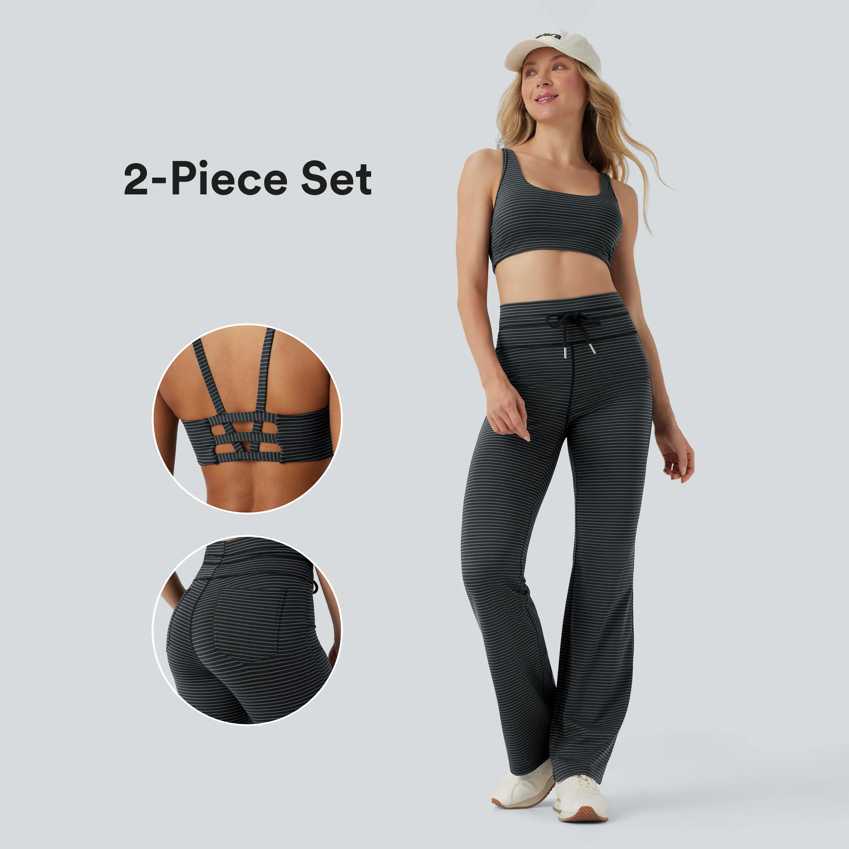 Halara 2-Piece Low Support U Neck Cut Out Stripe Yoga Sports Bra & High Waisted Drawstring Striped Yoga Pants with Pockets Set