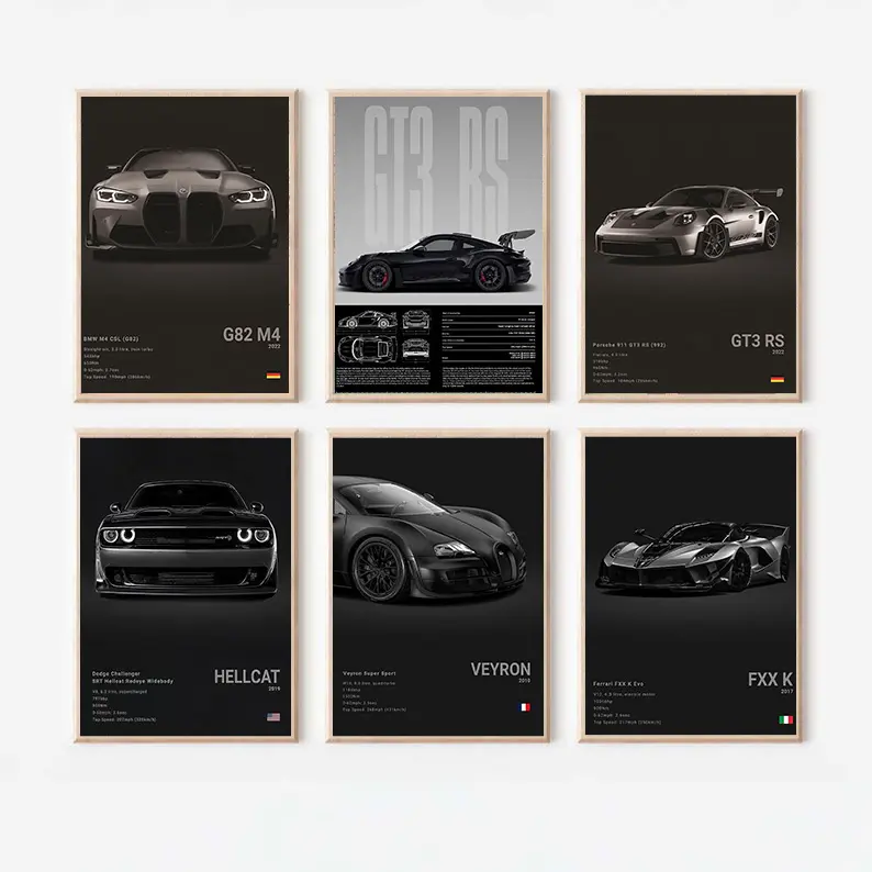 Morden Car Poster For Men Featuring G82 M4 GT3 RS Hellcat Veyron FXX K High-Resolution Wall Art